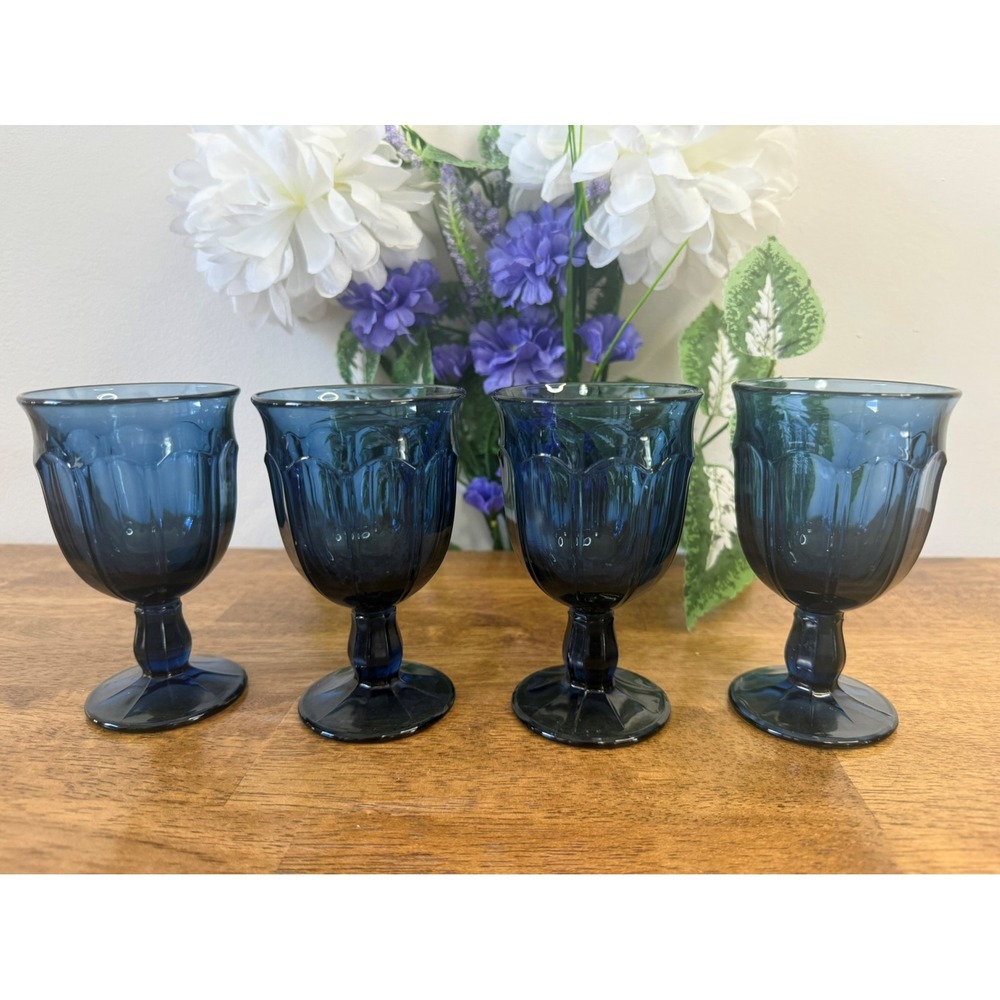 Vintage Noritake Colonial‎ Blue Small Goblets Set Dark Blue Glasses MCM Kitchen